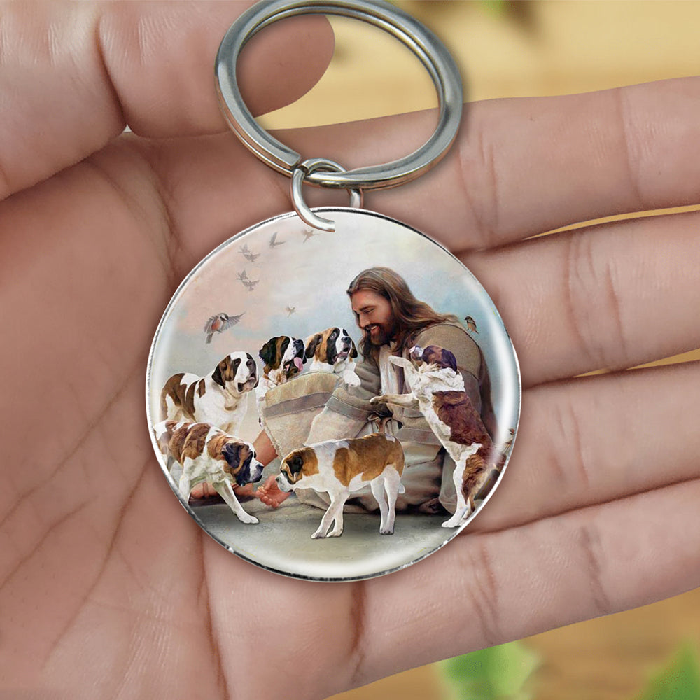 Jesus Surrounded By Saint Bernards-Round Resin Epoxy Metal Keychain