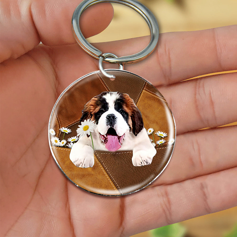 Saint Bernard Holding Daisy-Round Resin Epoxy Metal Keychain