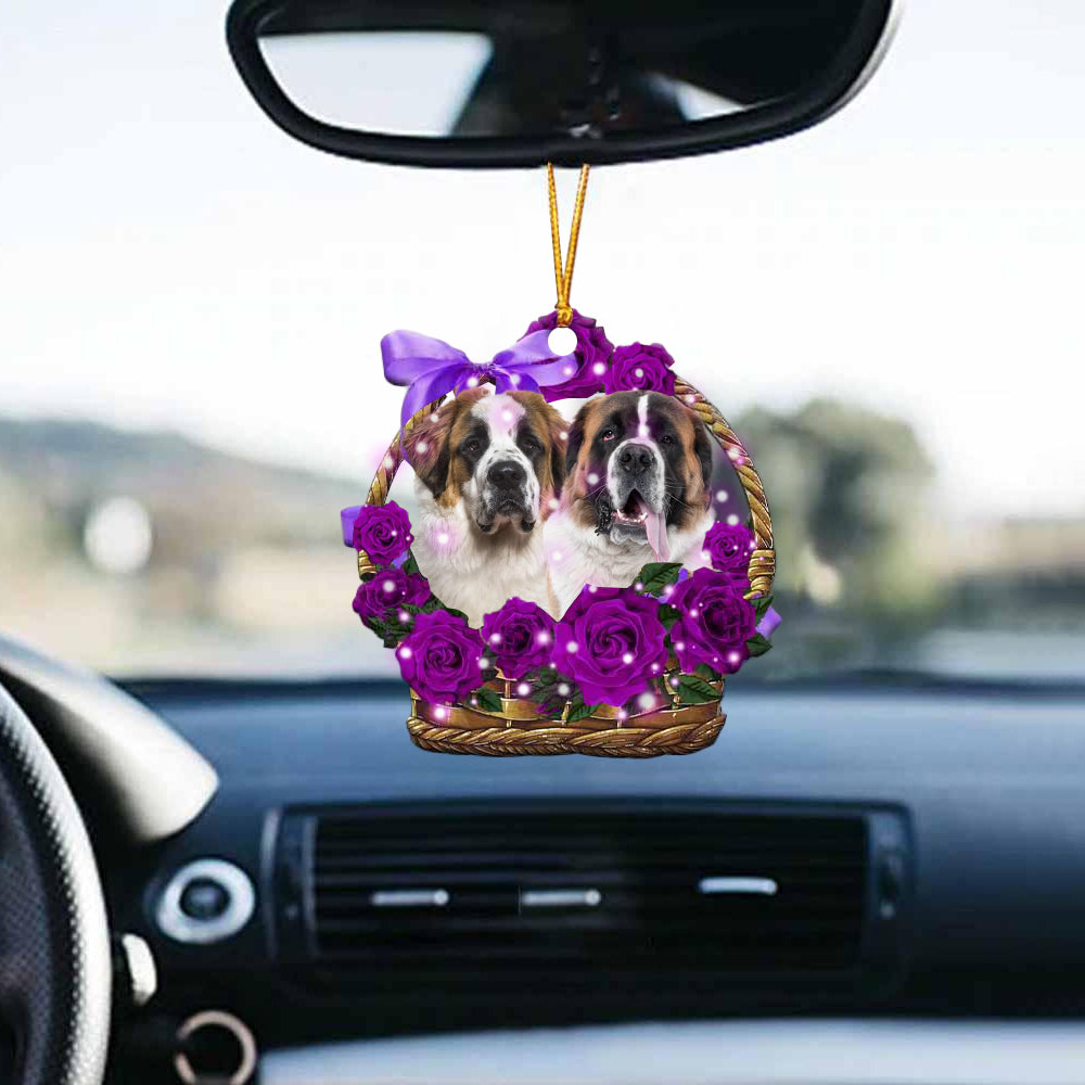 Saint Bernard Purple Rose Wicker Basket Car Hanging Ornament