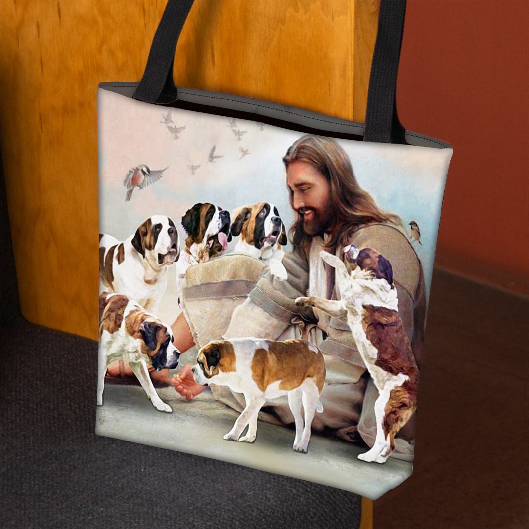 Jesus Surrounded By Saint Bernards Tote Bag