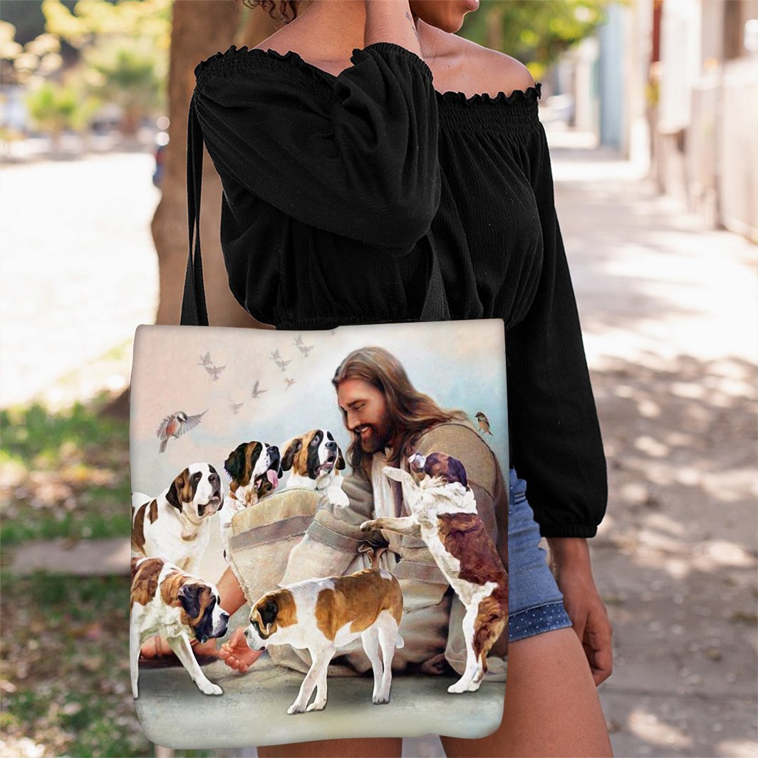 Jesus Surrounded By Saint Bernards Tote Bag