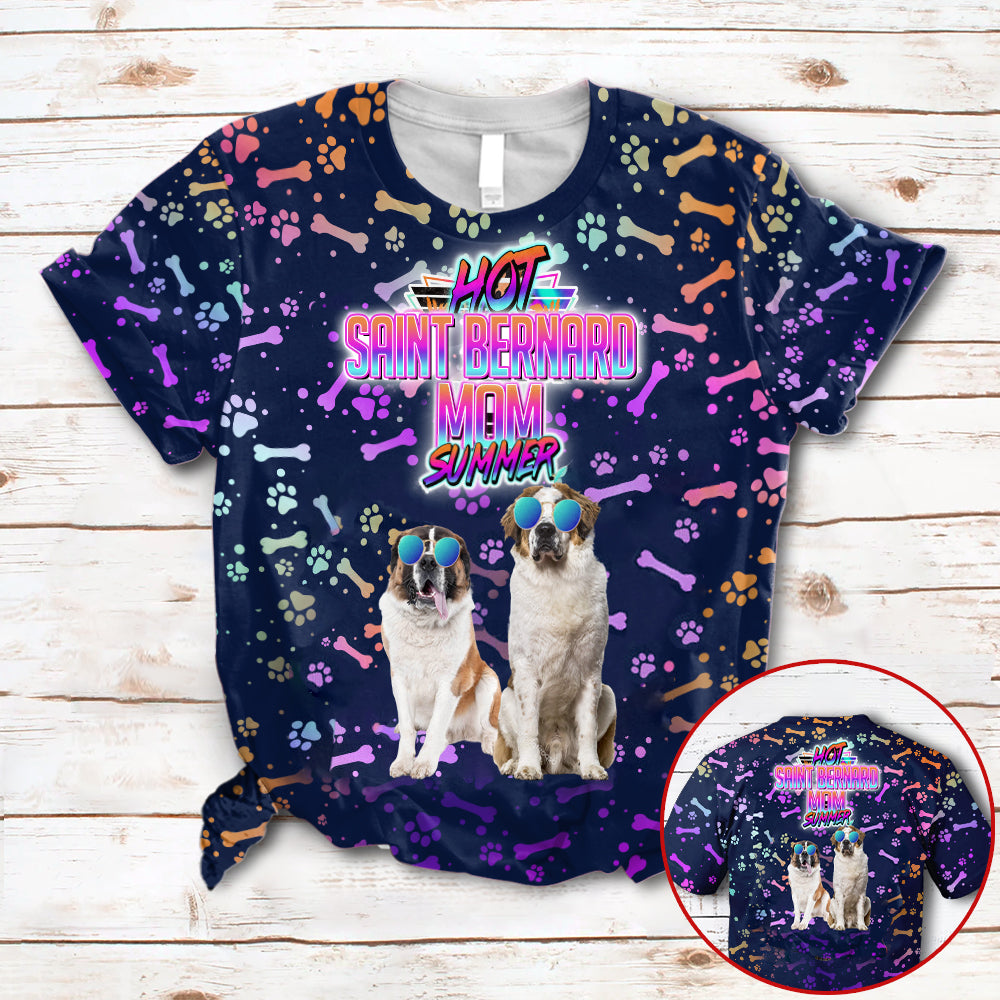 Hot Saint Bernard Mom Summer Neon Tropical Desing 3D All Over Print T-Shirt