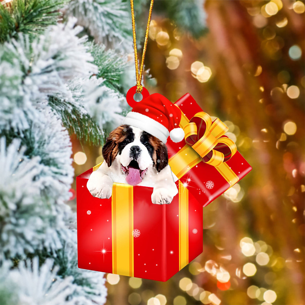 Saint Bernard In Red Gift Box Christmas Ornament