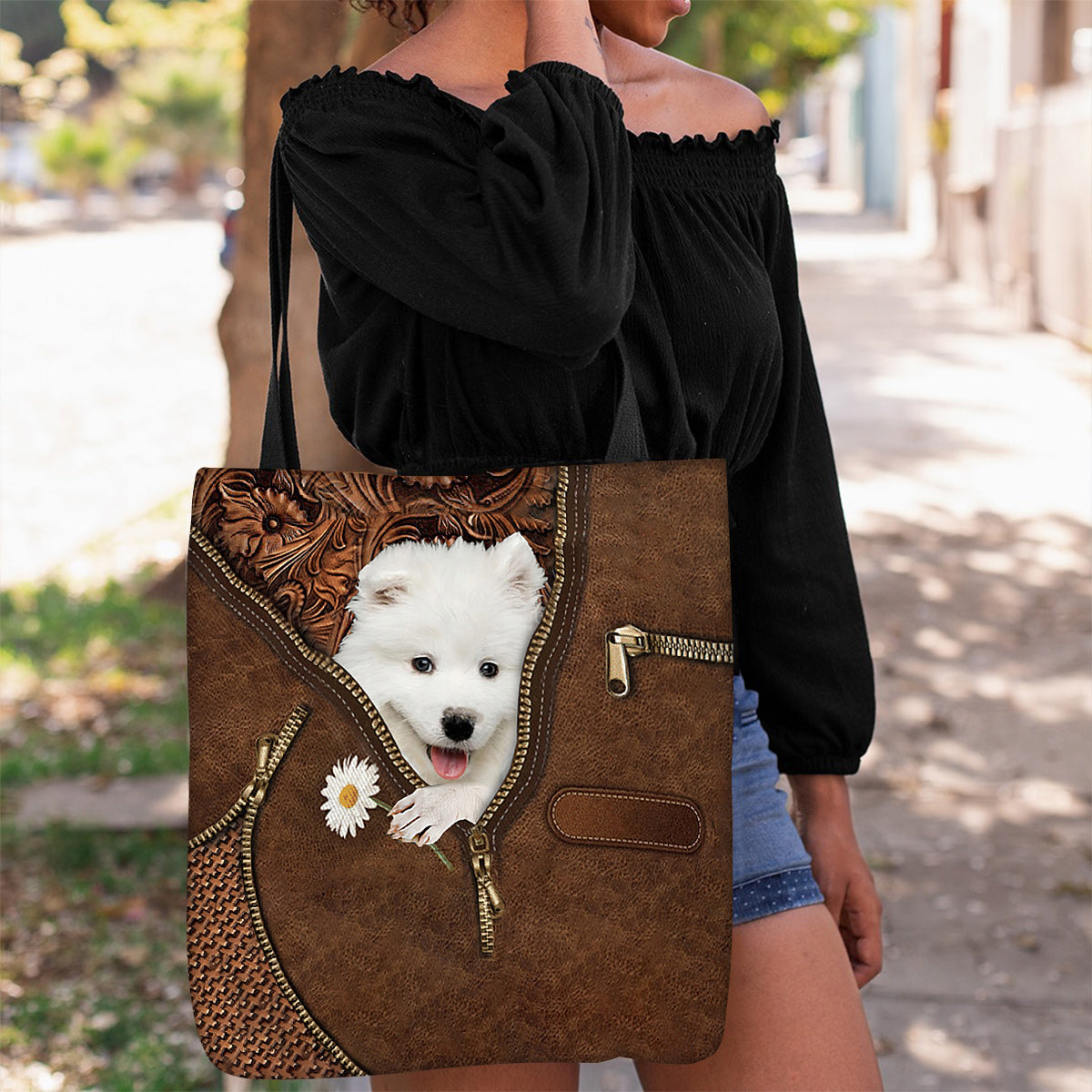 Samoyed Holding Daisy Tote Bag