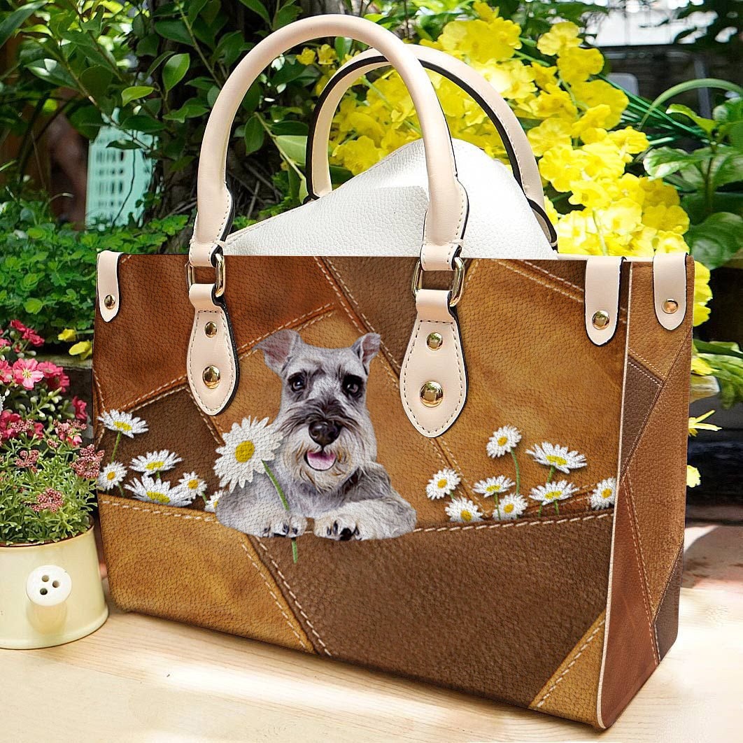 Schnauzer 2 Holding Daisy Leather Bag