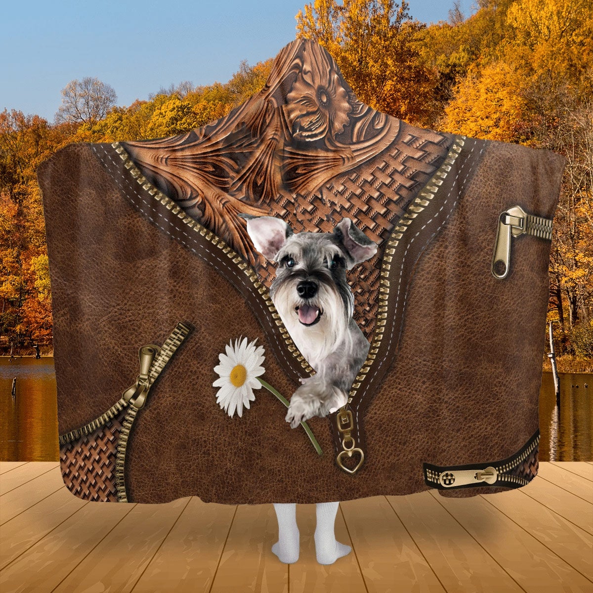 Schnauzer Holding Daisy Hooded Blanket