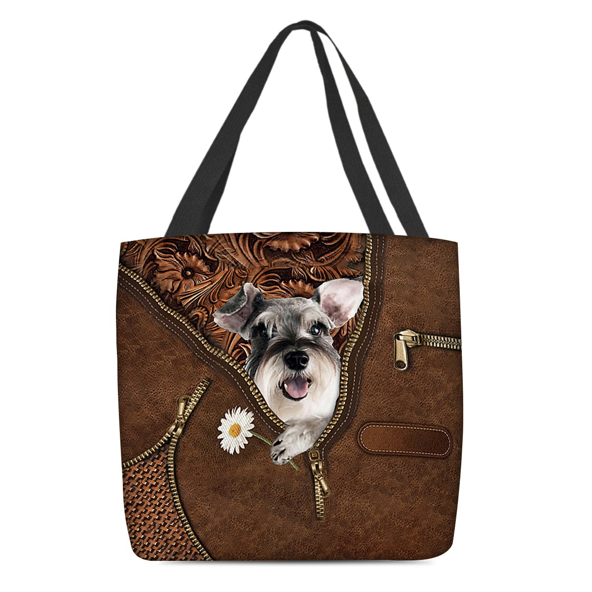 Schnauzer Holding Daisy Tote Bag