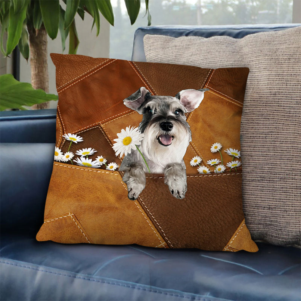 Schnauzer Holding Daisy Pillow Case