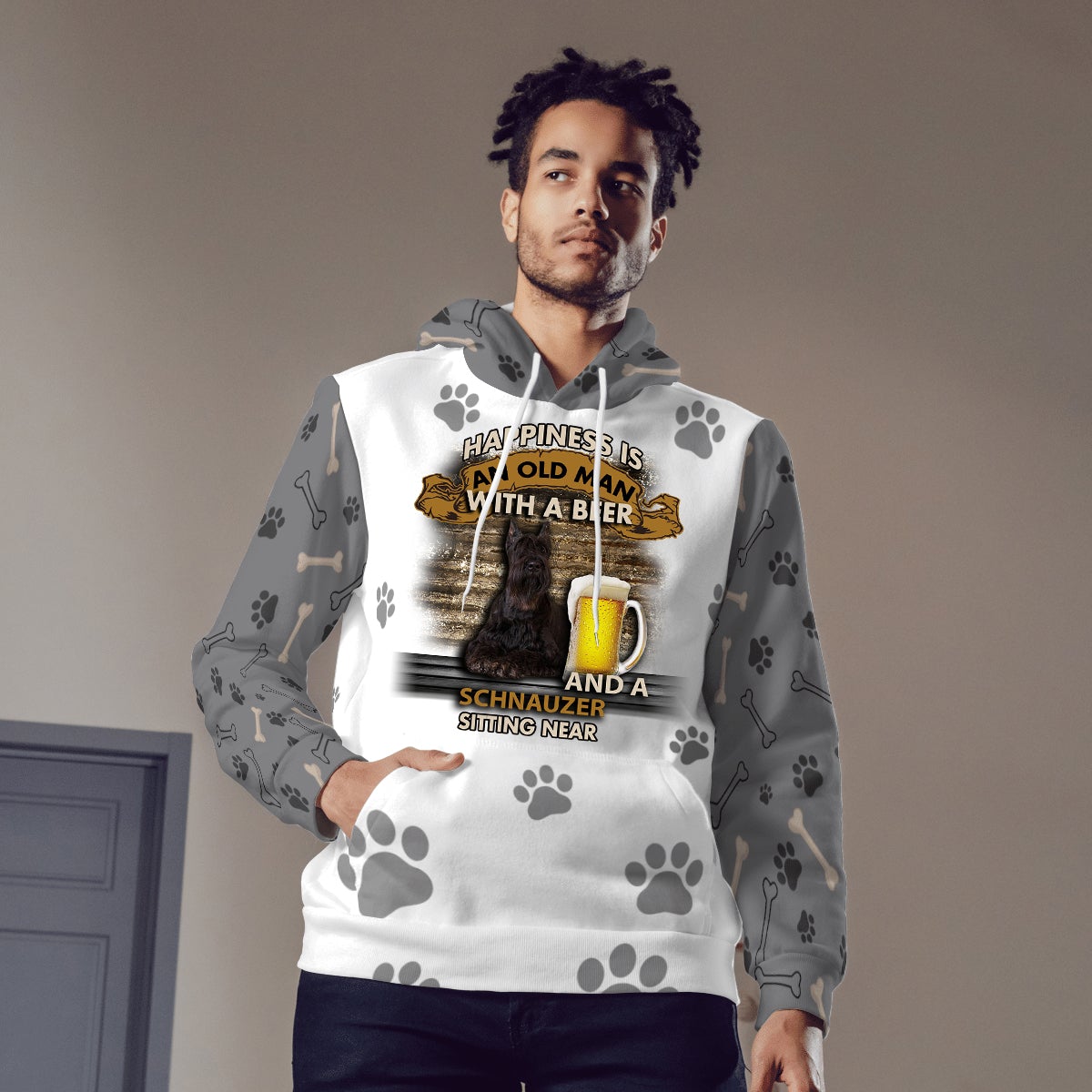 Happiness Is An Old Man With A Beer And A Schnauzer Hoodie