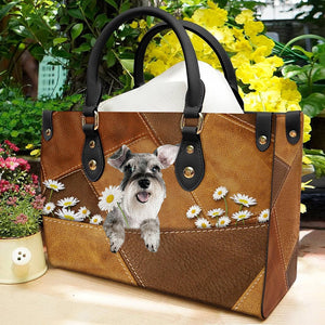 Schnauzer Holding Daisy Leather Bag