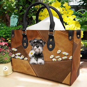Schnauzer 3 Holding Daisy Leather Bag