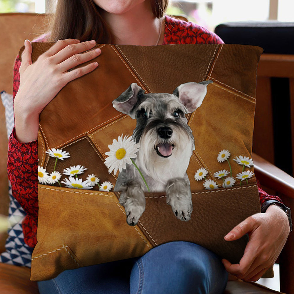 Schnauzer Holding Daisy Pillow Case