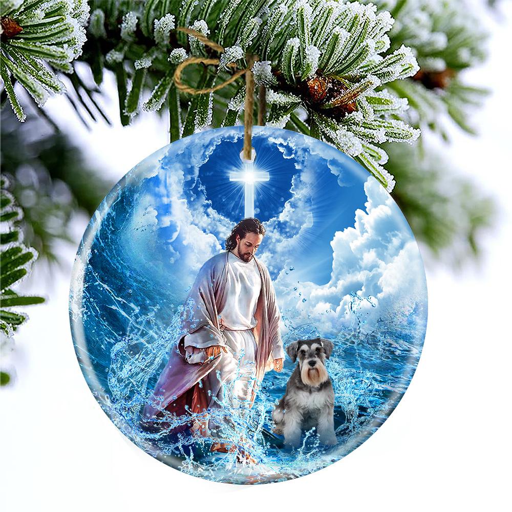 Schnauzer And God Walking On The Ocean Wave Porcelain/Ceramic Ornament