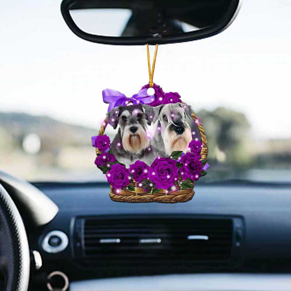 Schnauzer Purple Rose Wicker Basket Car Hanging Ornament