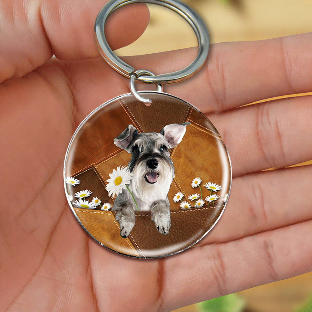 Schnauzer  Holding Daisy-Round Resin Epoxy Metal Keychain