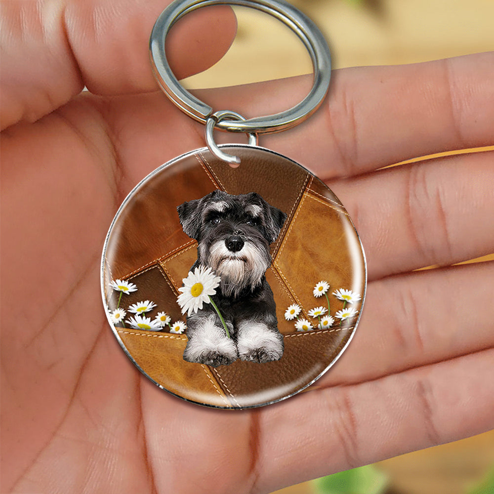 Schnauzer 02 Holding Daisy-Round Resin Epoxy Metal Keychain