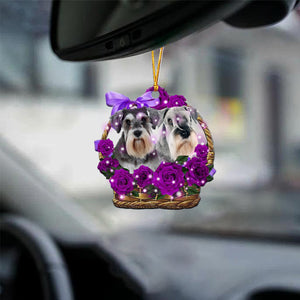 Schnauzer Purple Rose Wicker Basket Car Hanging Ornament