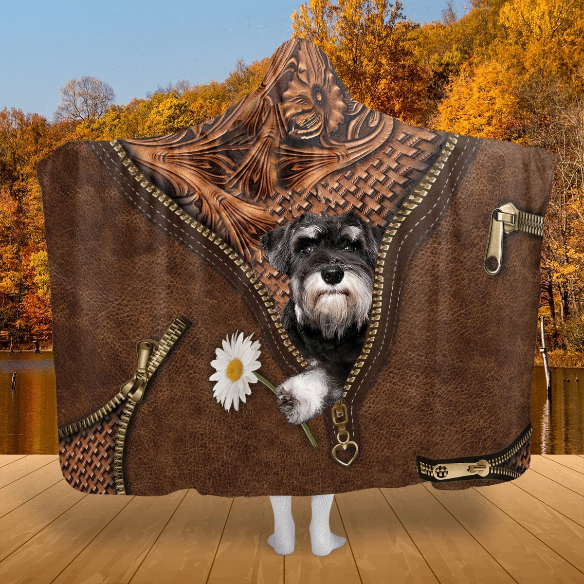 Schnauzer 2 Holding Daisy Hooded Blanket