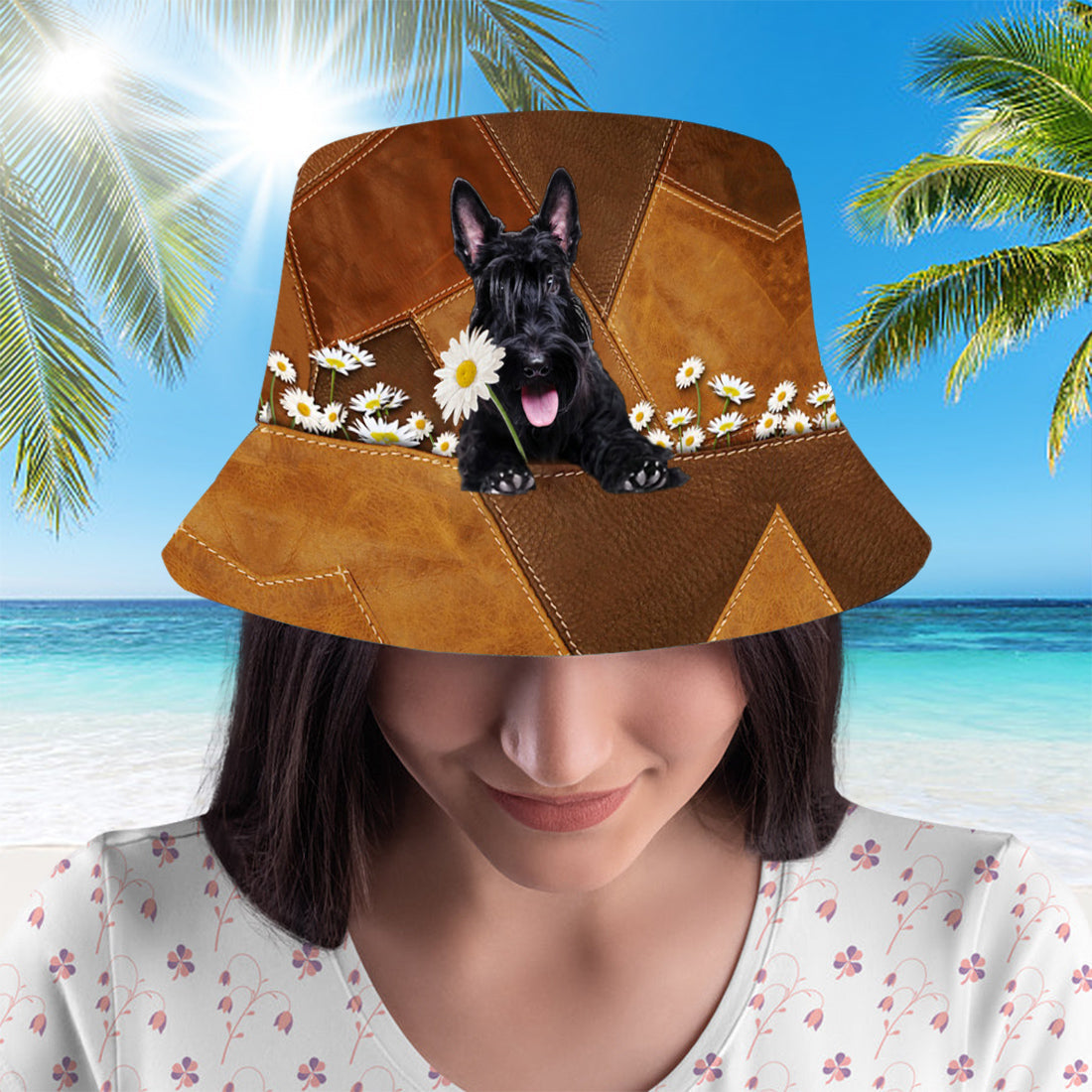 Scottish Terrier Holding Daisy Bucket Hat