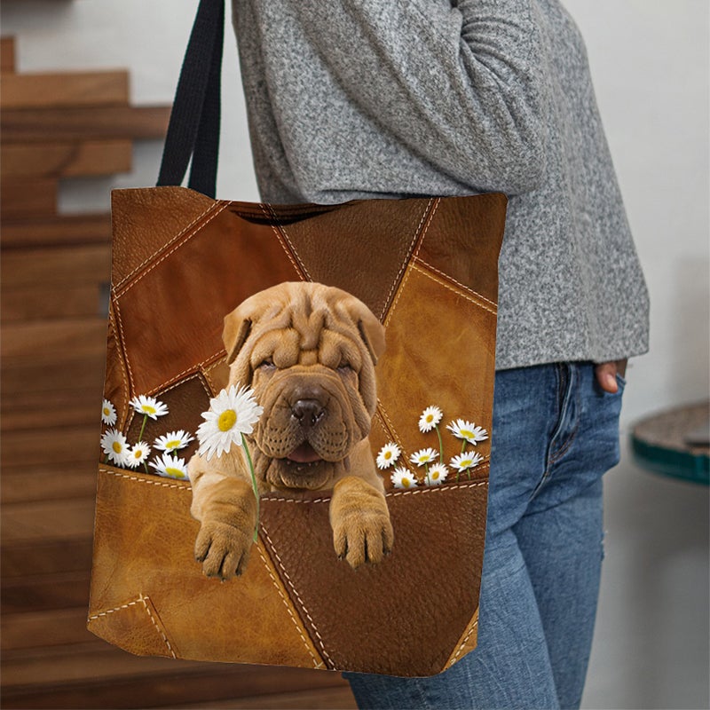 Shar Pei Holding Daisy All Over Printed Tote Bag