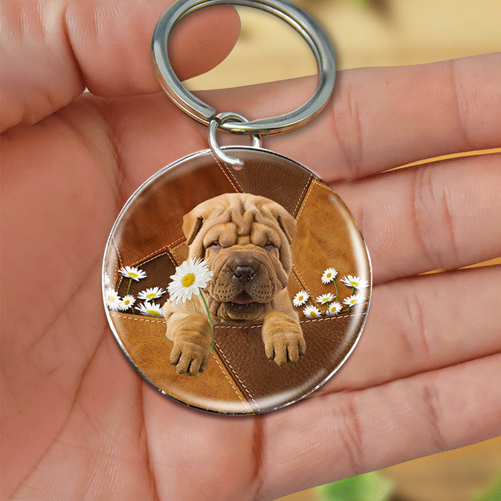 Shar Pei  Holding Daisy-Round Resin Epoxy Metal Keychain
