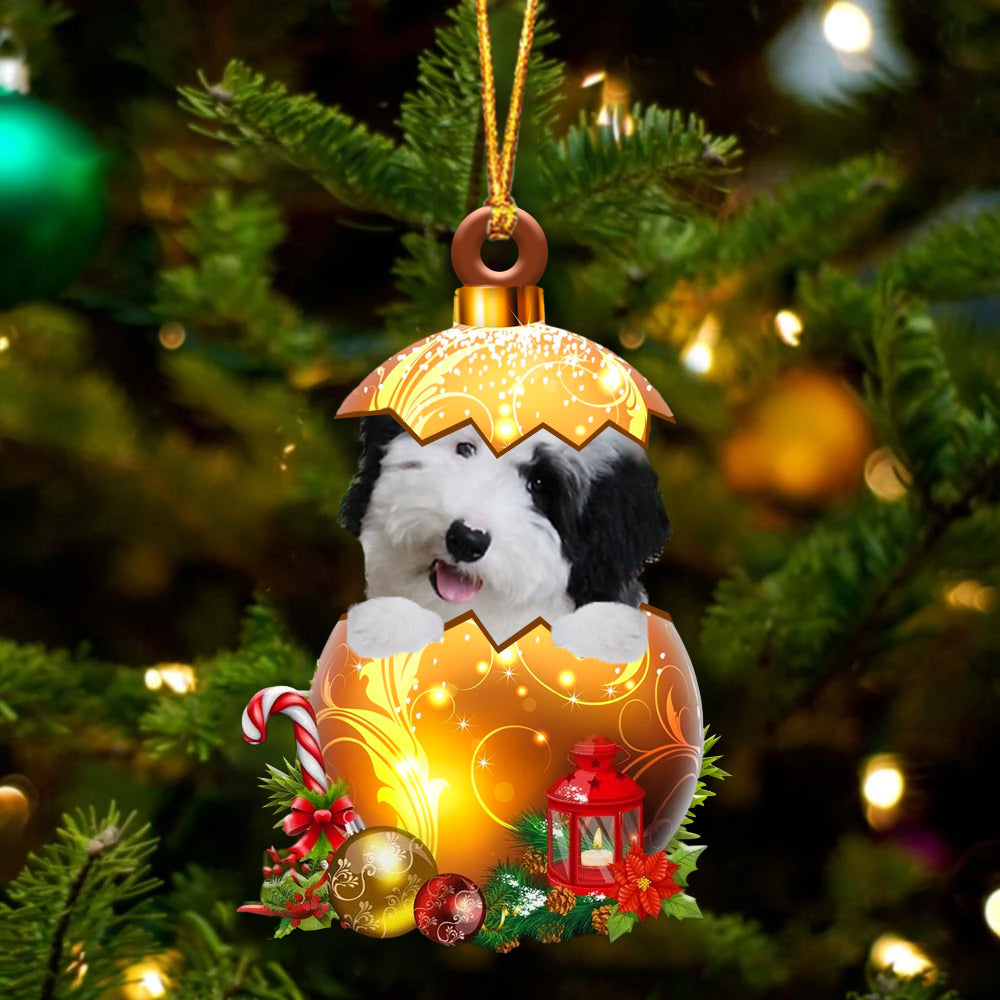 Sheepadoodle In Golden Egg Christmas Ornament