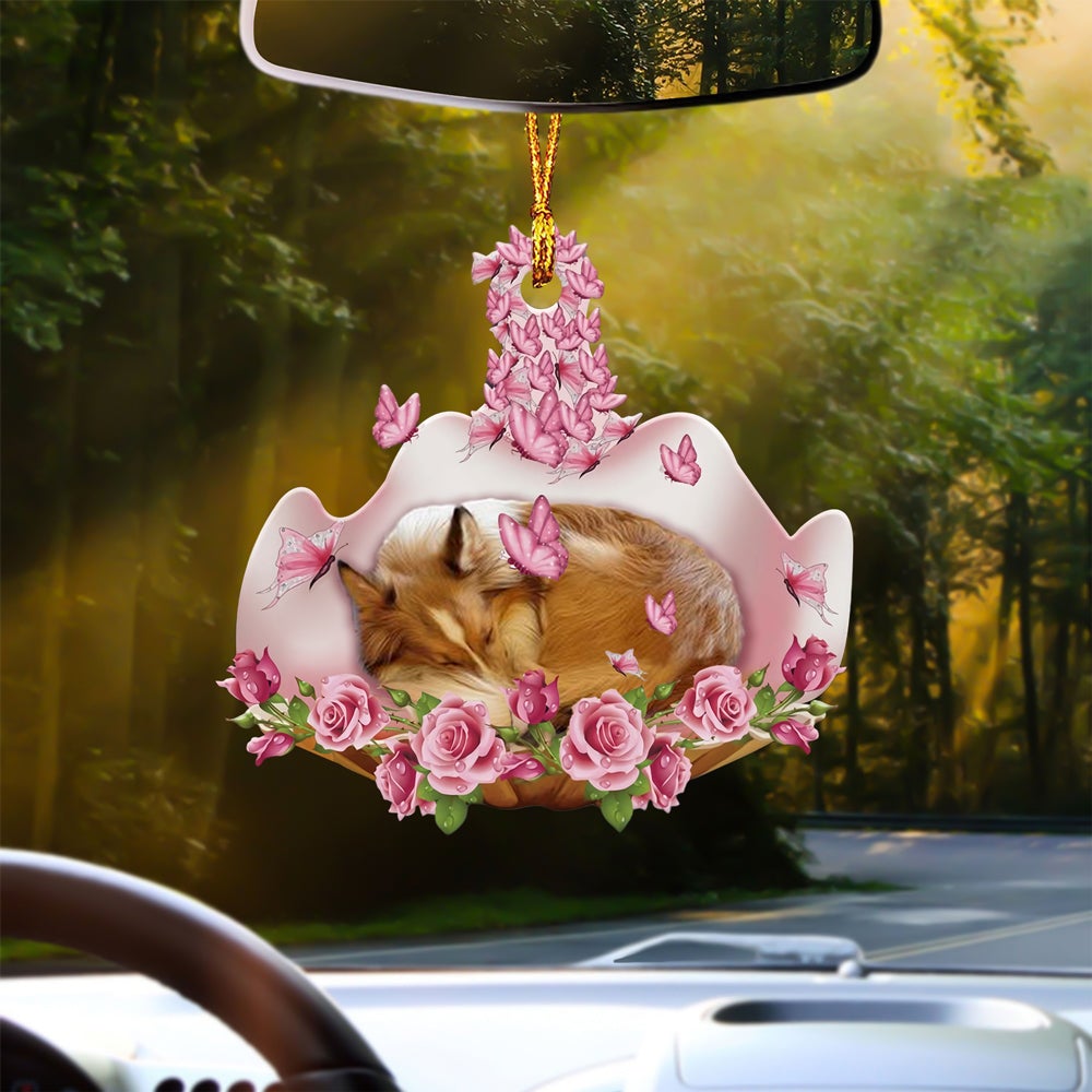 Sheltie Sleeping In Rose Garden Car Hanging Ornament