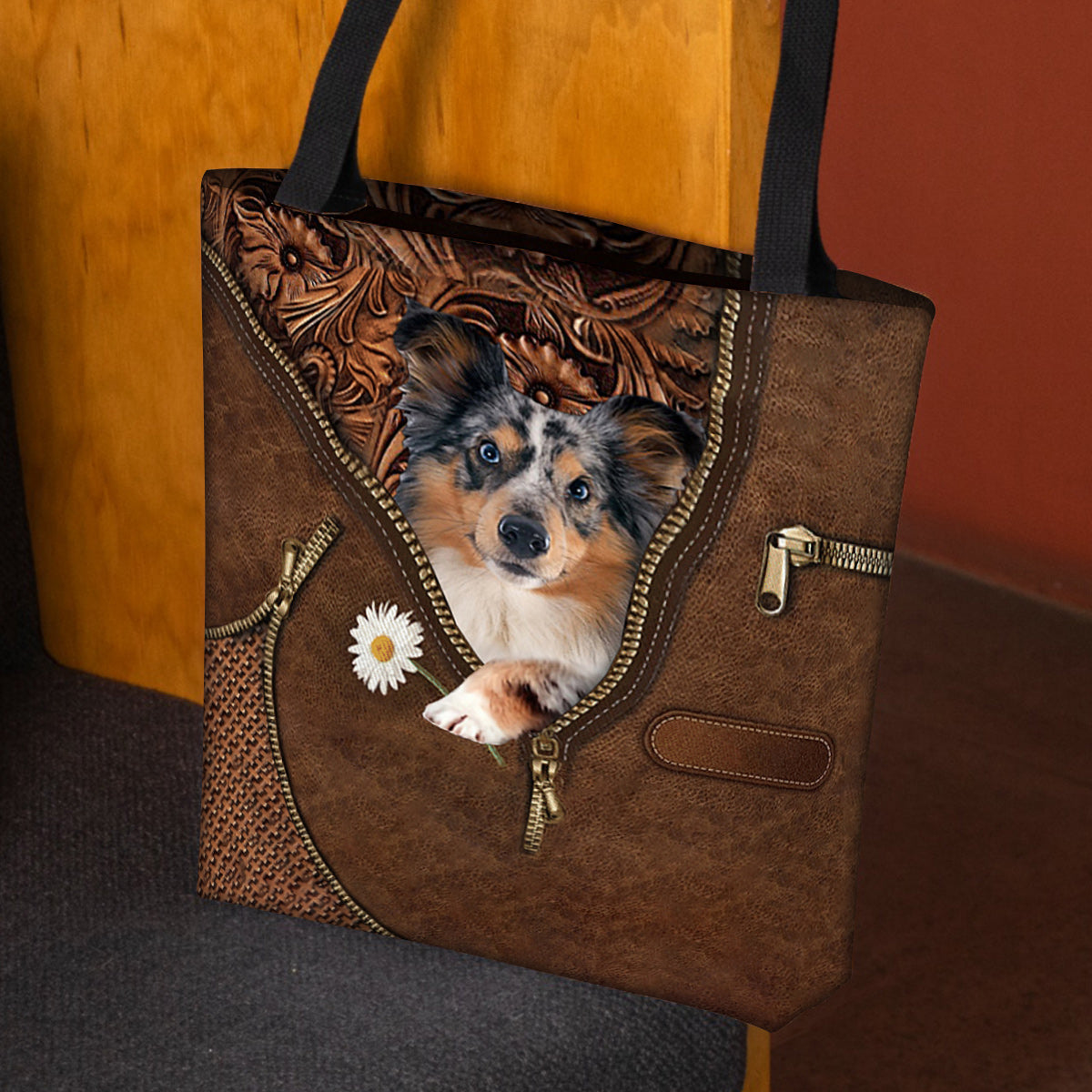 Shetland Sheepdog Holding Daisy Tote Bag