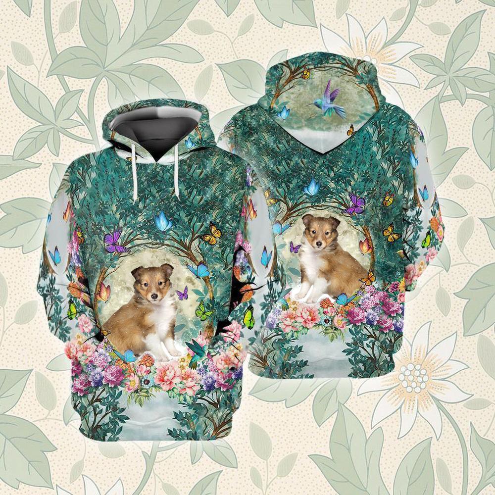Shetland Sheepdog Puppy Among Forest Unisex Hoodie