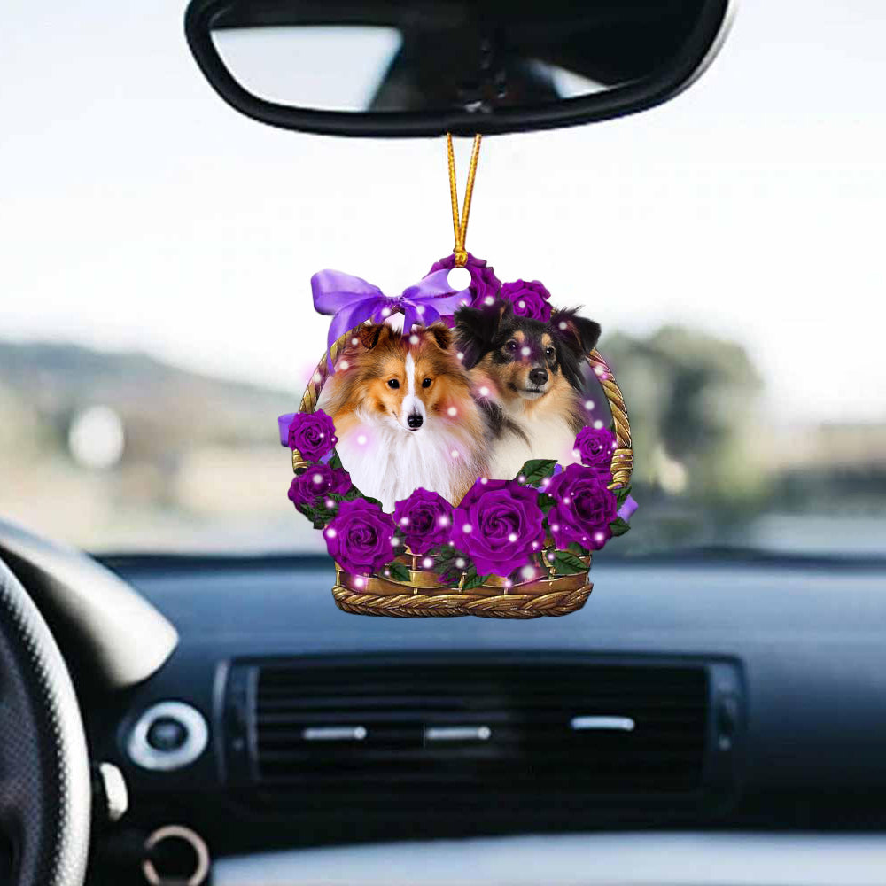 Shetland Sheepdog Purple Rose Wicker Basket Car Hanging Ornament