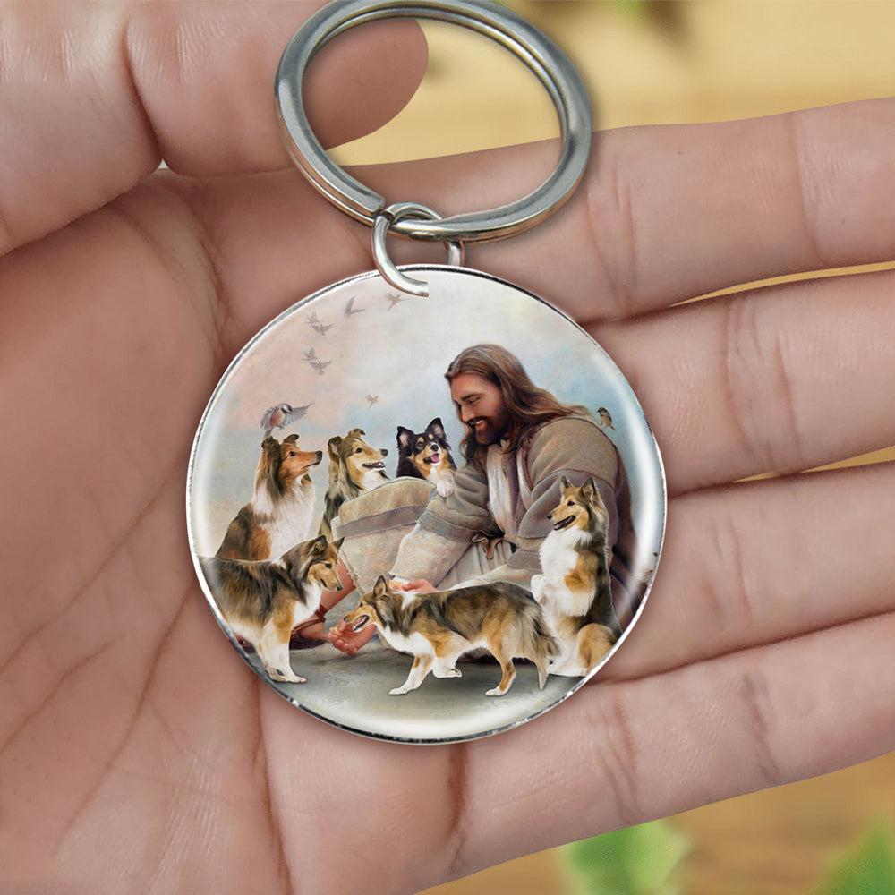 Jesus Surrounded By Shetland Sheepdogs-Round Resin Epoxy Metal Keychain