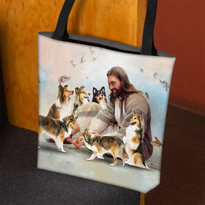 Jesus Surrounded By Shetland Sheepdogs Tote Bag