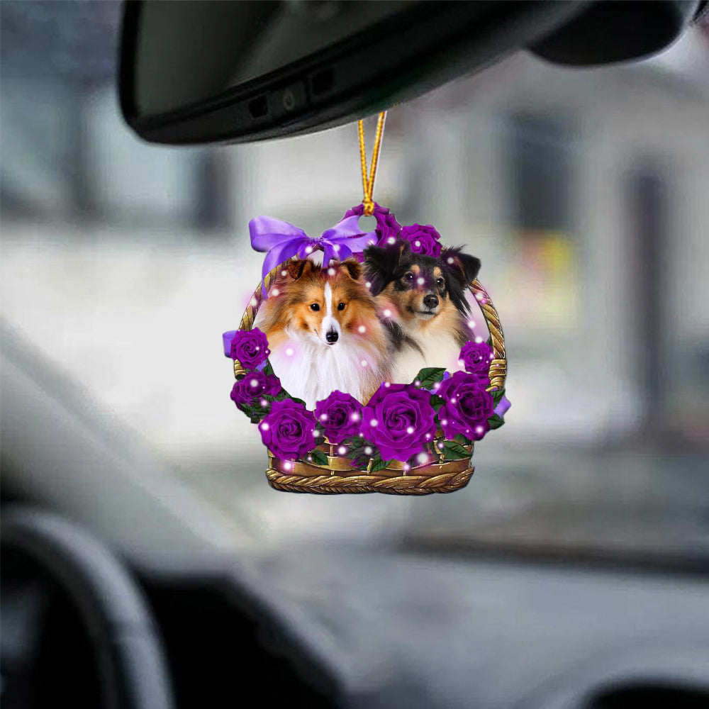 Shetland Sheepdog Purple Rose Wicker Basket Car Hanging Ornament