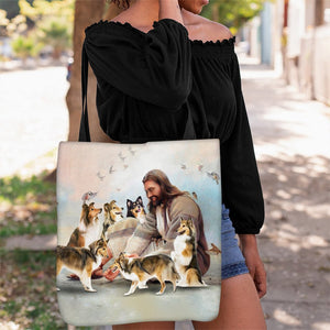 Jesus Surrounded By Shetland Sheepdogs Tote Bag