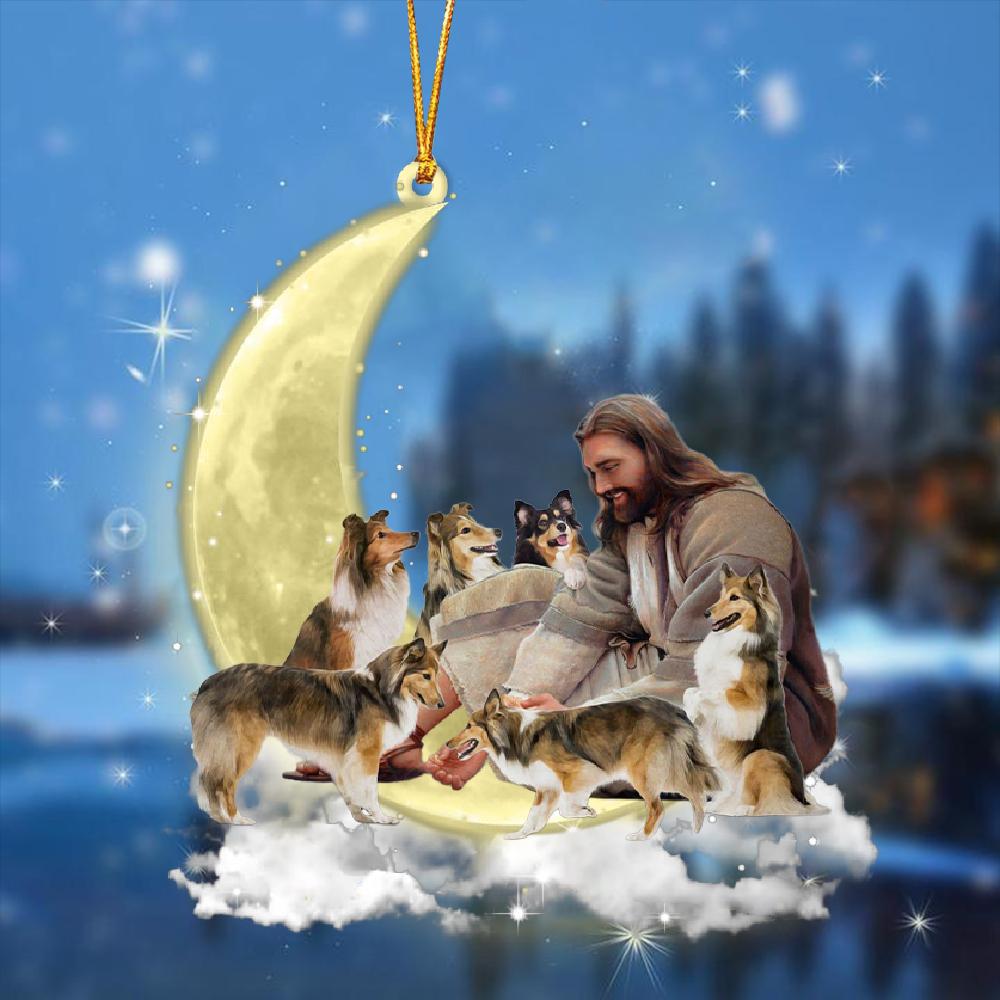 Jesus Surrounded By Shetland Sheepdogs On The Moon Ornament