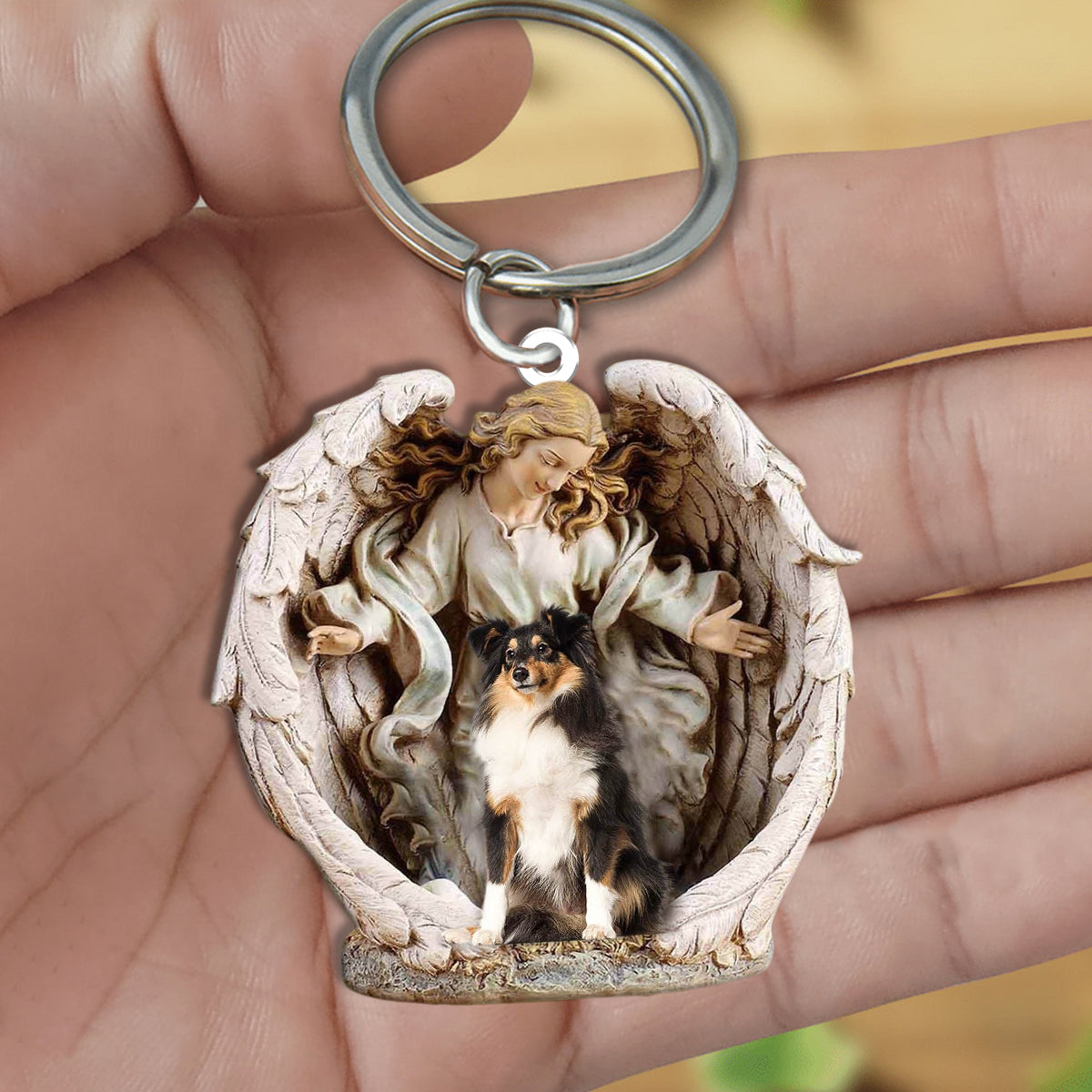 Angel Hug Shetland sheepdog Acrylic Keychain
