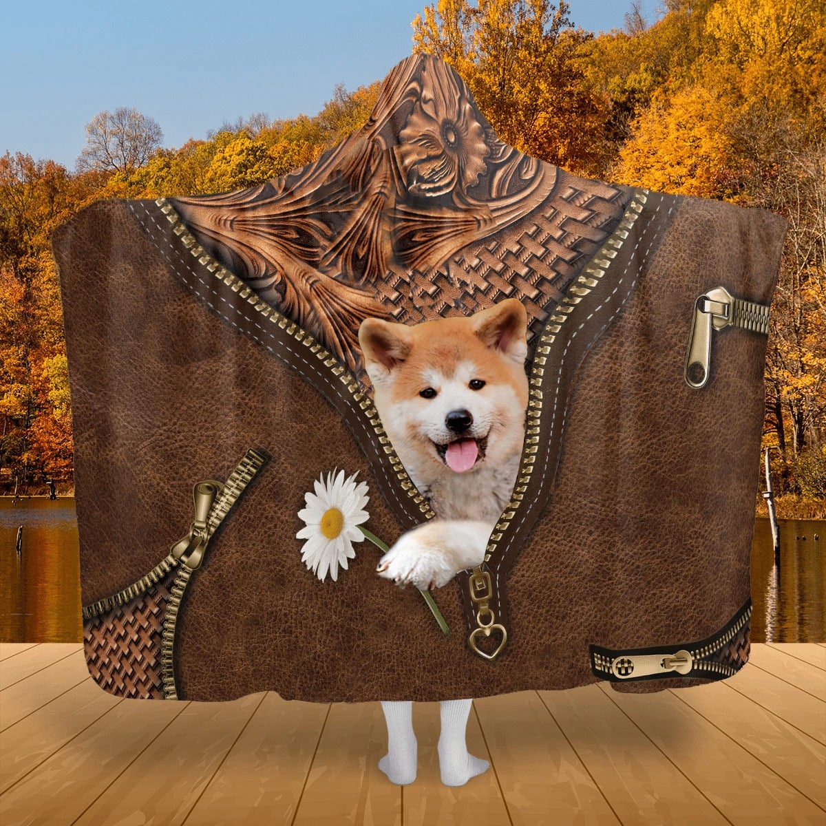 Shiba Inu Holding Daisy Hooded Blanket