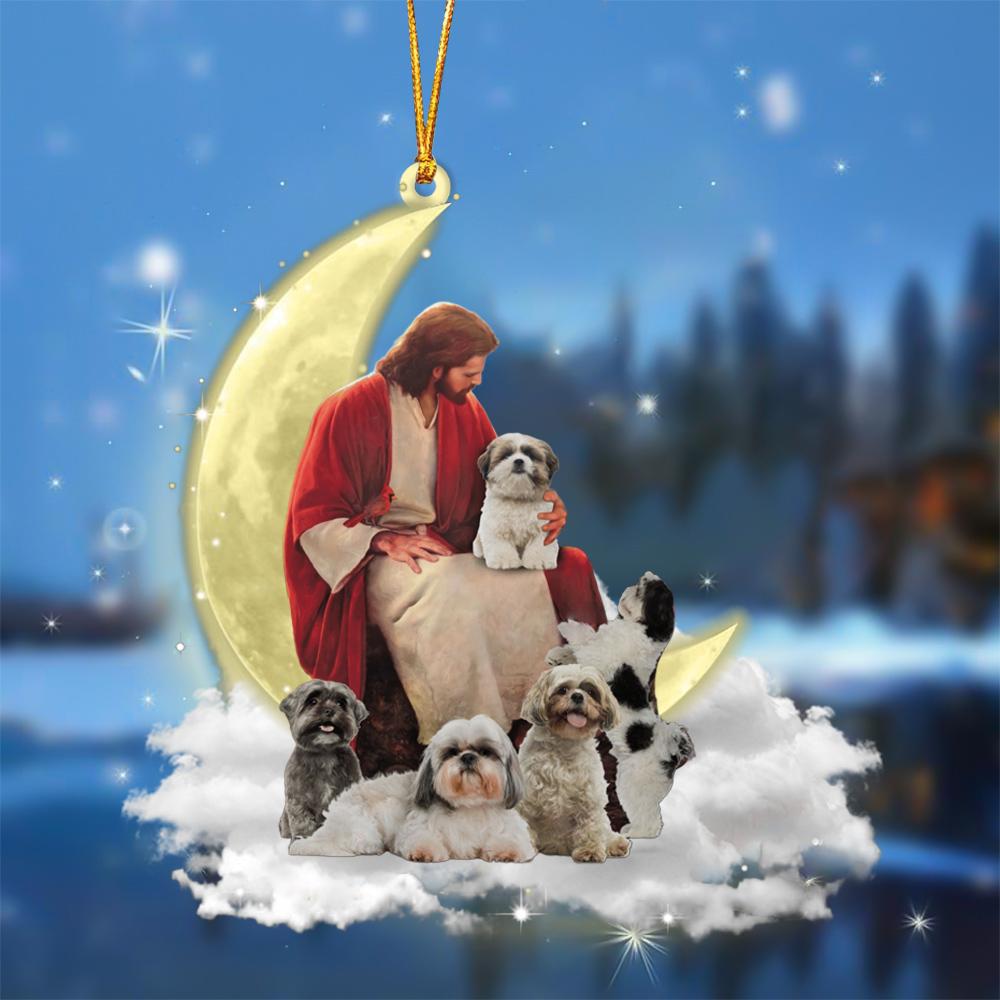 God Surrounded By Shih Tzus On The Moon Hanging Ornament