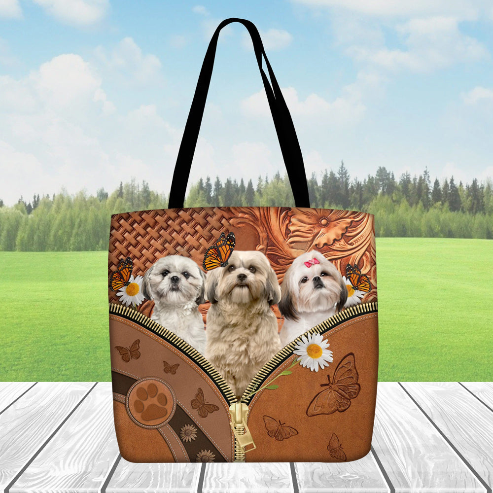 Shih Tzu Daisy Flower And Butterfly Tote Bag