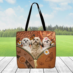 Shih Tzu Daisy Flower And Butterfly Tote Bag