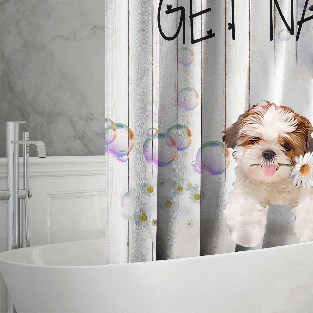 Shih Tzu Get Naked Daisy Shower Curtain