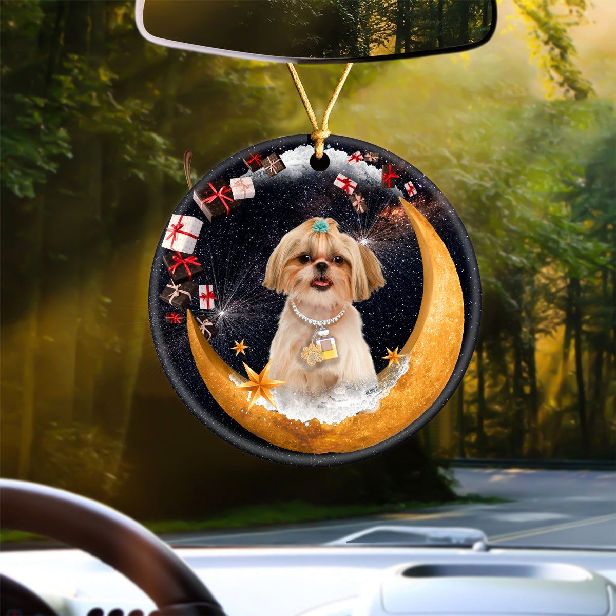 Shih Tzu Fashion Moon Car Hanging Ceramic Ornament