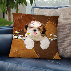 Shih Tzu Holding Daisy Pillow Case