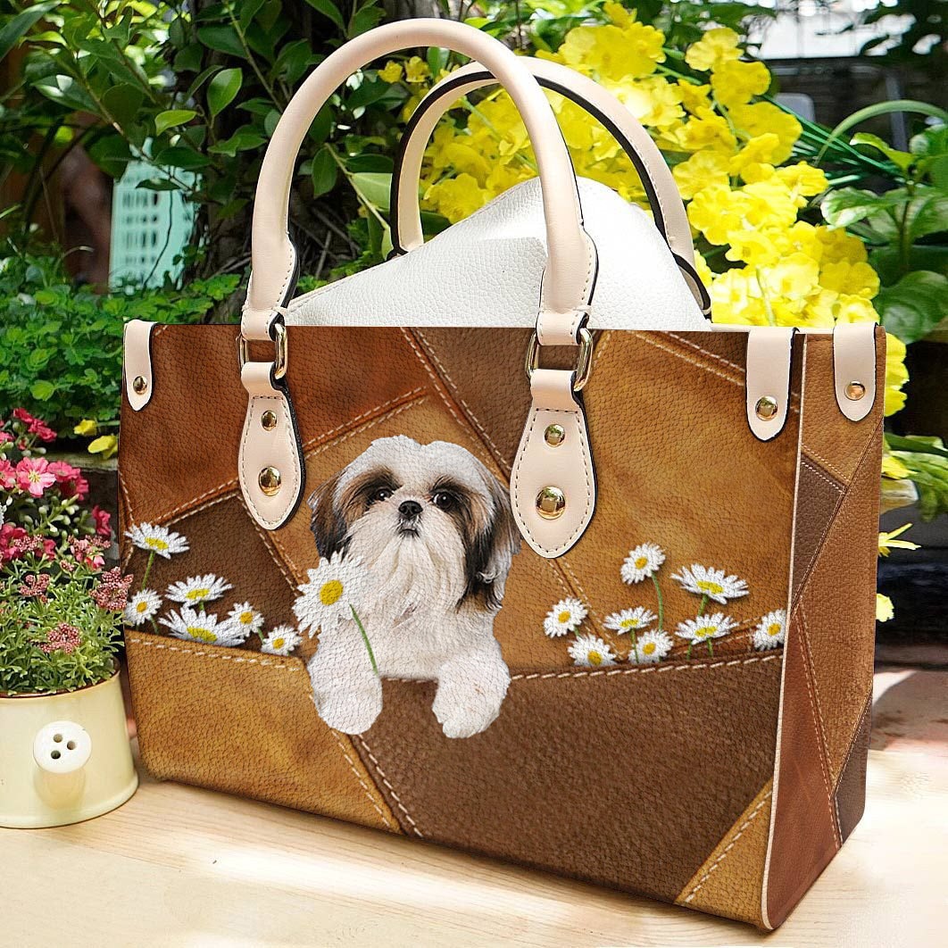Shih Tzu 2 Holding Daisy Leather Bag