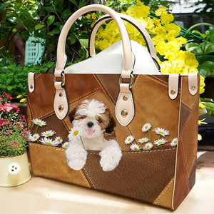 Shih Tzu Holding Daisy Leather Bag