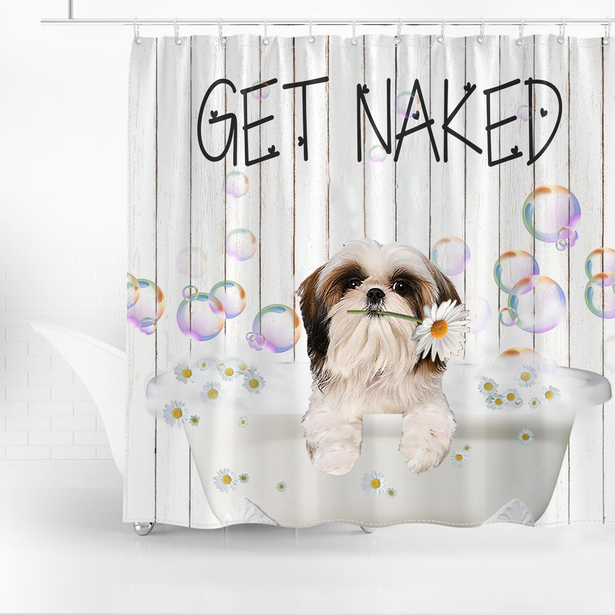 Shih Tzu 2 Get Naked Daisy Shower Curtain
