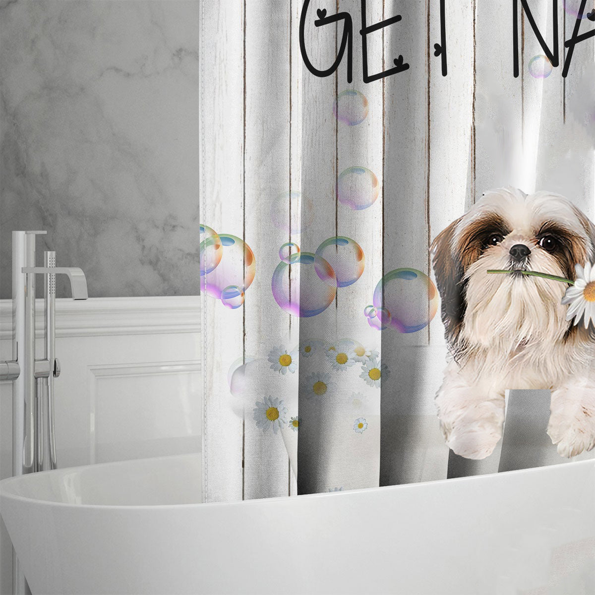 Shih Tzu 2 Get Naked Daisy Shower Curtain