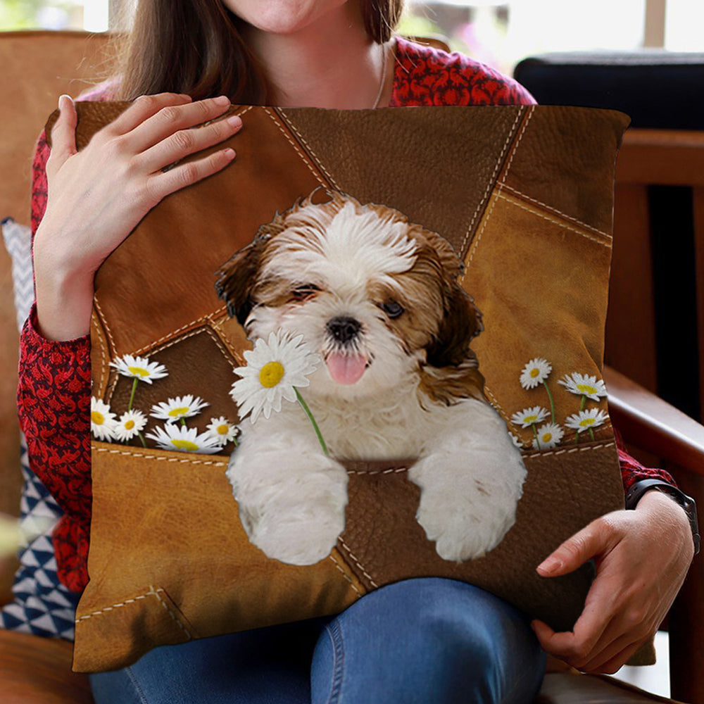 Shih Tzu Holding Daisy Pillow Case