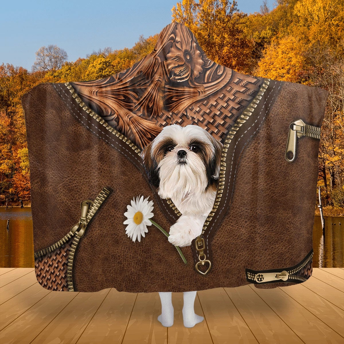Shih Tzu 2 Holding Daisy Hooded Blanket