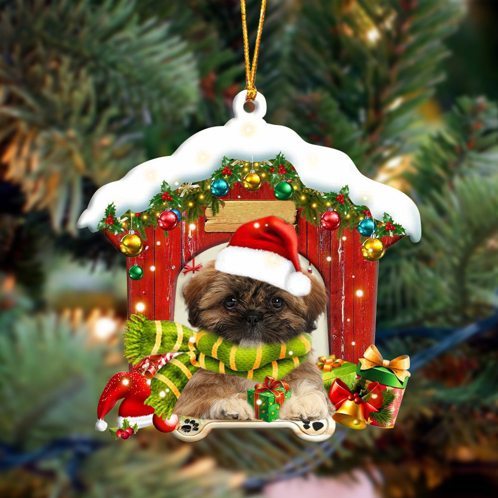 Shih Tzu In Red Wood House Christmas Ornament
